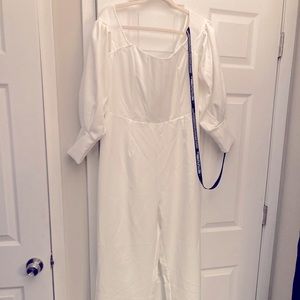 White brand new off the shoulder bubble sleeve jumpsuit.